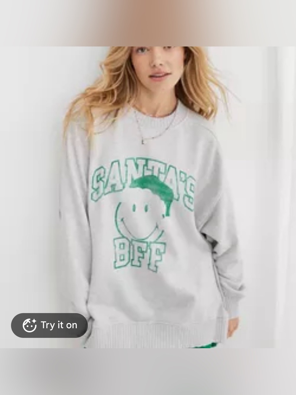 aerie Light Gray Crewneck Sweatshirt with Green 'Santas BFF’ Graphic